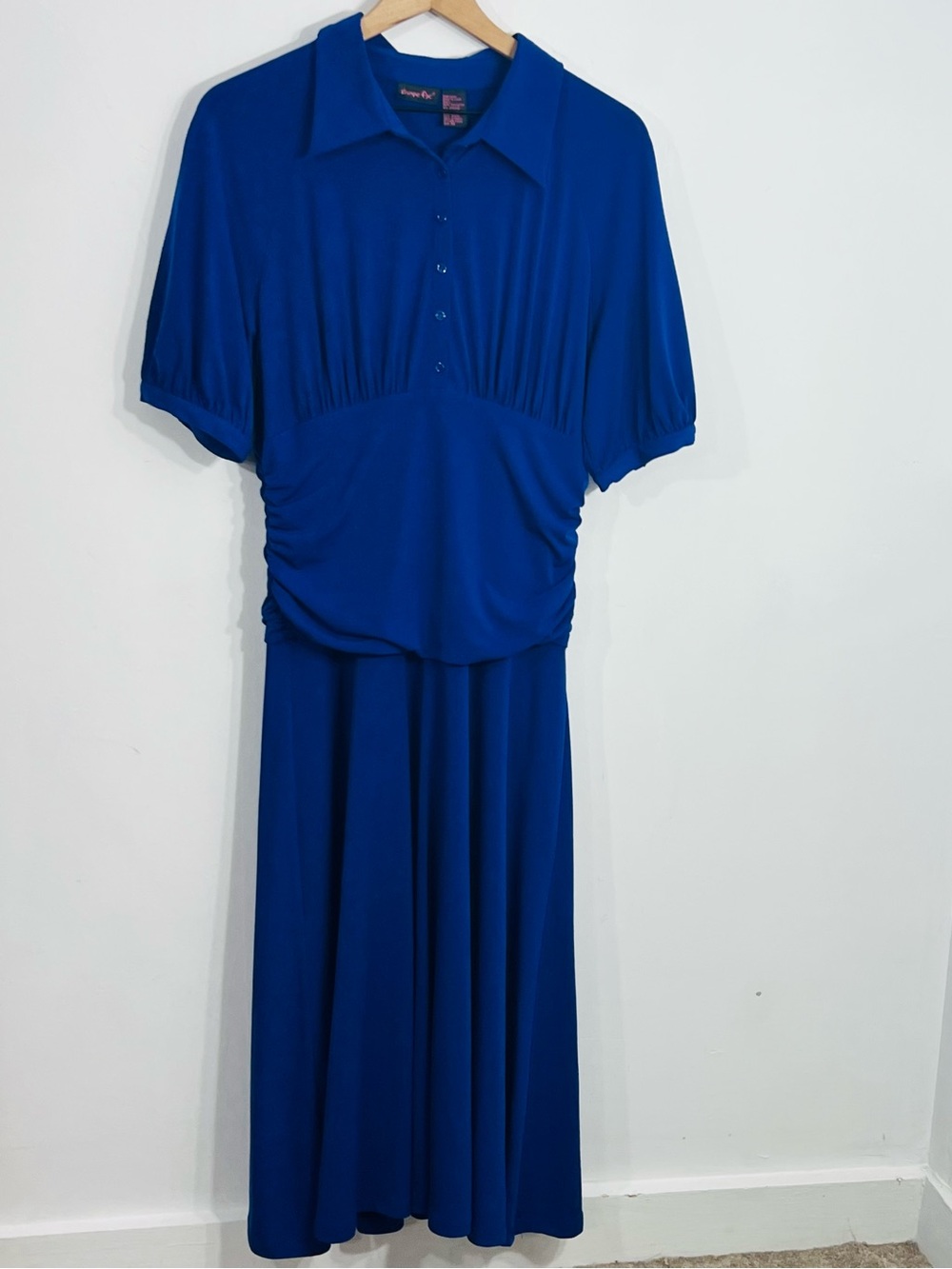 Shape FX Blue Knit Dress Collared Button Front Maxi Sculpting Control Size 14